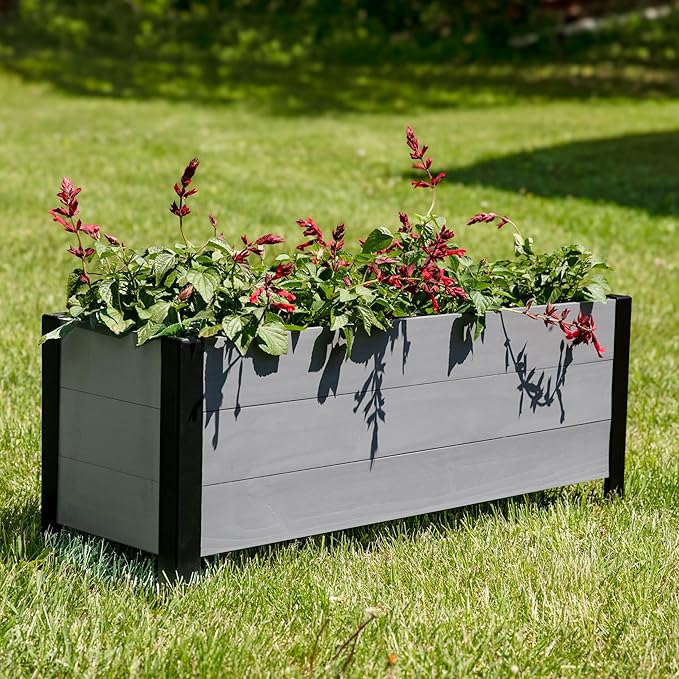 Sunnydaze Acacia Wood Rectangular Planter Box - 14.75" H Wooden Raised Garden Bed with Removable Polyethylene Planter Bag - Gray
