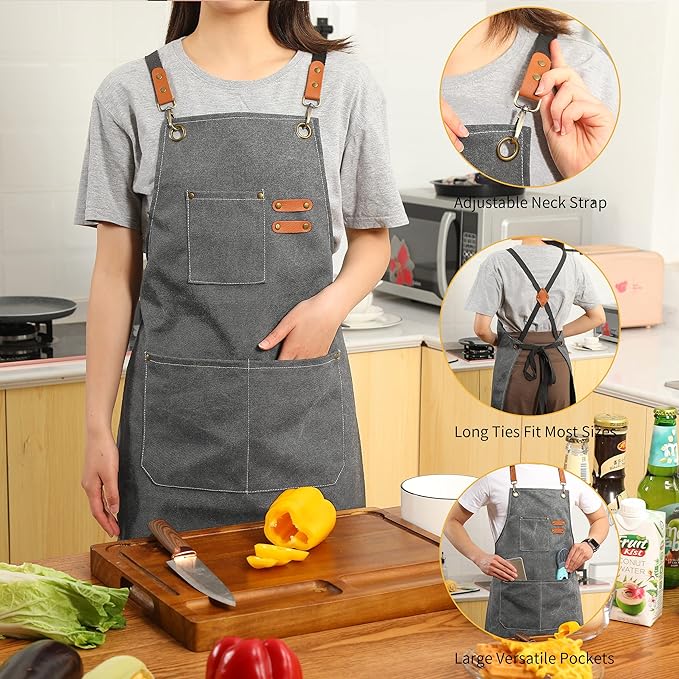 Tosewever 2 Pack Canvas Cross Back Chef Apron for Men Women with Pockets, Cotton Tool Aprons for Cooking Kitchen BBQ Artist