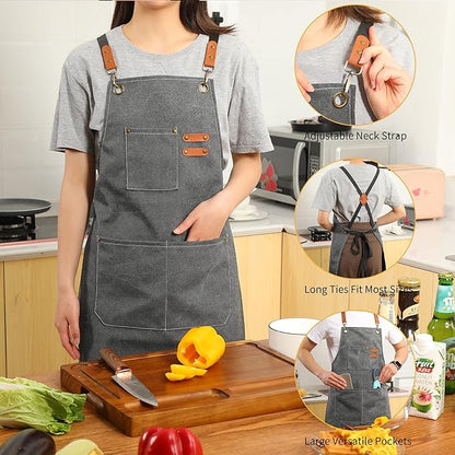 Tosewever 2 Pack Canvas Cross Back Chef Apron for Men Women with Pockets, Cotton Tool Aprons for Cooking Kitchen BBQ Artist