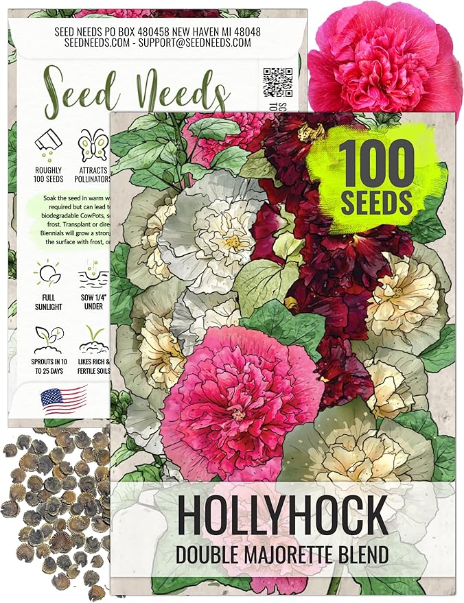 Seed Needs, Double Majorette Hollyhock Seeds - Heirloom Seeds for Planting Alcea rosea - Mixed Biennial Flower That Attracts Pollinators to The Garden (1 Pack)
