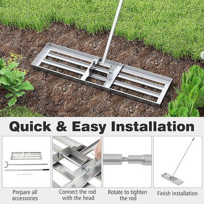 36" x 10" Lawn Leveling Rake, Heavy Duty Landscape Rake with 67" Handle, Non-Slip Grip & Flat Head, Space-Saving Lawn Level Tool for Garden, Backyard, Golf Course & Sports Field(Silver)