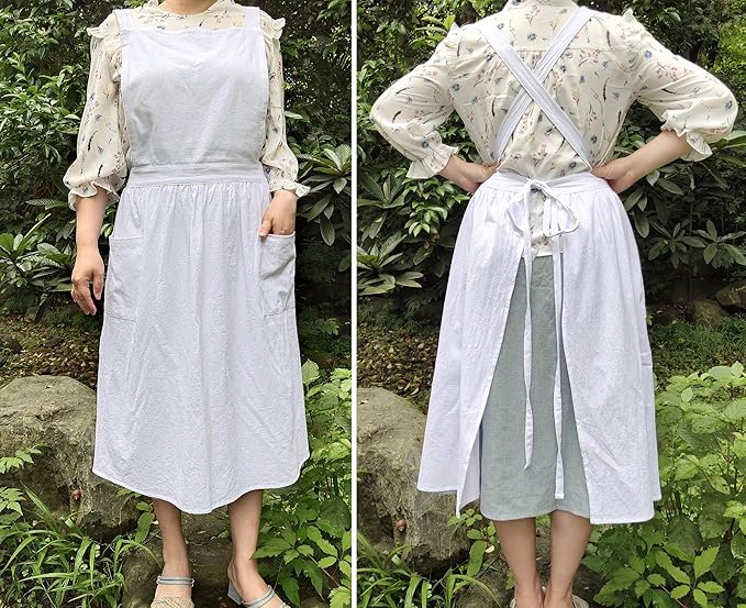 Cute Retro Cotton Linen X-Back Aprons Home Kitchen Garden Art Painting Pinafore Florist Shop Overalls