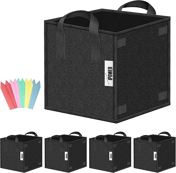 iPower GLGROWBAGCUBIC3X5V1 5 Pack 3 Gallon Square Grow Bags Thickened Fabric Pots with Handles and Stick Holders for Poles, Black