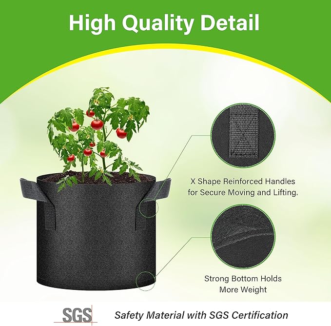 HealSmart 6-Pack 3 Gallon Nonwoven Grow Bags, Aeration Fabric Pots with Handles, Suitable for Garden Fruits, Vegetables and Flowers, Black