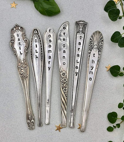 Herb Markers Set of 6 GARDEN stakes Made From Vintage Spoon Handles Oregano, Basil, Parsley, Rosemary, Thyme, Dill. Garden Markers Herb Labels