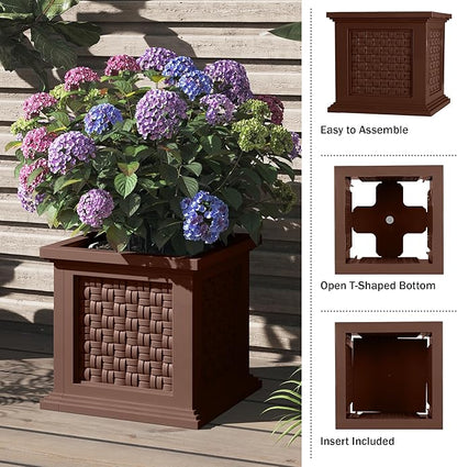 Rattan Style Outdoor Planter Box - 14.65-Inch-Square Decorative Flower or Plant Pot - Garden, Patio and Front Porch Decor by Pure Garden (Brown)