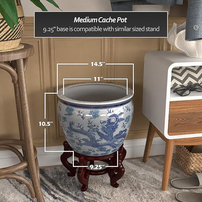 Red Lantern 14" Dragon Blue & White Porcelain Fishbowl Planter or Cachepot for Indoor/Outdoor Use in Garden Entryway Living Room Boho Eclectic Modern Contemporary Classic Traditional Style Decor