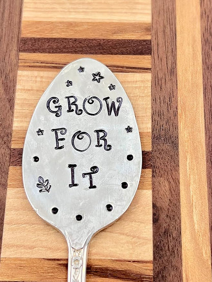 Garden Marker, Plant Stake GROW FOR IT, silver plate recycled stamped Spoon, Stick in your Flower pots Herbs or Plants