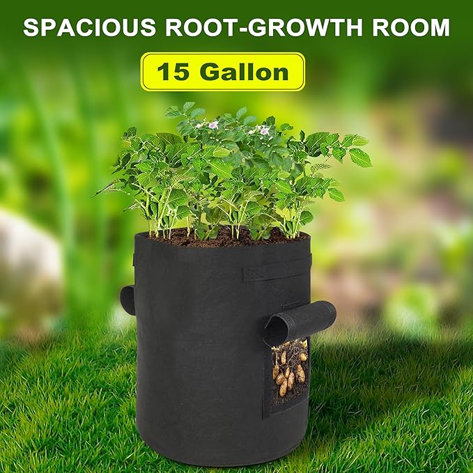 4-Pack 15-Gallon Grow Bags with 2 Flaps and Reinforced Handles,Non-Woven Potato Grow Bags, Heavy-Duty Thickened Aeration Fabric Pots for Potatoes, Tomatoes, Flowers, and Vegetables