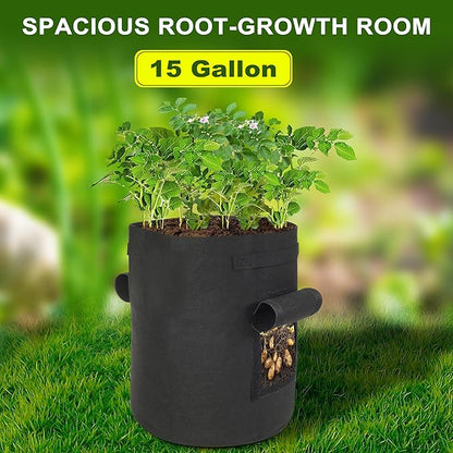 4-Pack 15-Gallon Grow Bags with 2 Flaps and Reinforced Handles,Non-Woven Potato Grow Bags, Heavy-Duty Thickened Aeration Fabric Pots for Potatoes, Tomatoes, Flowers, and Vegetables