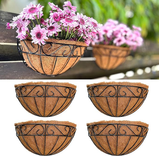 LaLaGreen 16 Inch Wall Mounted Flower Baskets, 4 Pack, Large Railing Planter Deck Rail Hanging Plant Pots Holders with Coco Liner Outdoor, Metal Herb Fence Porch Balcony Garden Patio Window Box Trough