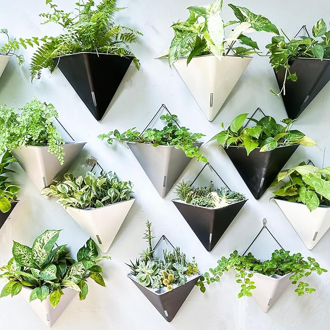 LaLaGreen Wall Planters for Indoor Plants - 4 Pack, 12 Inch Large Self Watering White Geometric Hanging Flower Vase Vessel with Metal Hanger, Modern Stylish Wall Mounted Succulent Pot Holder Decor