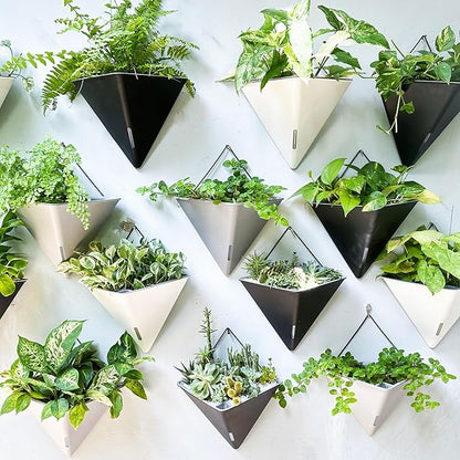 LaLaGreen Wall Planters for Indoor Plants - 4 Pack, 12 Inch Large Self Watering Gray Geometric Hanging Flower Vase Vessel with Metal Hanger, Modern Stylish Wall Mounted Succulent Pot Holder Decor