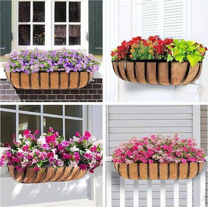 4pcs 24" Window Box Deck Railing Planter with Coco Liner, Metal Hanging Flower Planter Window Basket, Wall Planters Boxes with Horse Trough Coco Liner for Outdoor Indoor Balcony Porch Fence