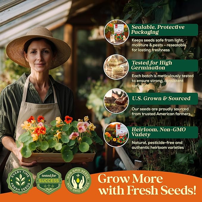Nasturtium Seeds Pack 1 oz - 180 Non-GMO Heirloom Nasturtium Seeds for Planting, Perennial Flowers in Waterproof Seed Packet, Wildflower Seeds for Planting Garden Indoor & Outdoor Gardening