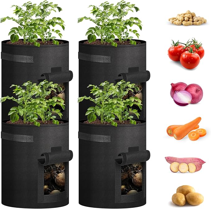 iPower Potato Grow Bags with Flap 10 Gallon 4 Pack, Garden Planting Pot with Durable Handle and Harvest Window, Thickened Nonwoven Fabric Container for Potato, Tomato, Carrot, Vegetable and Fruits