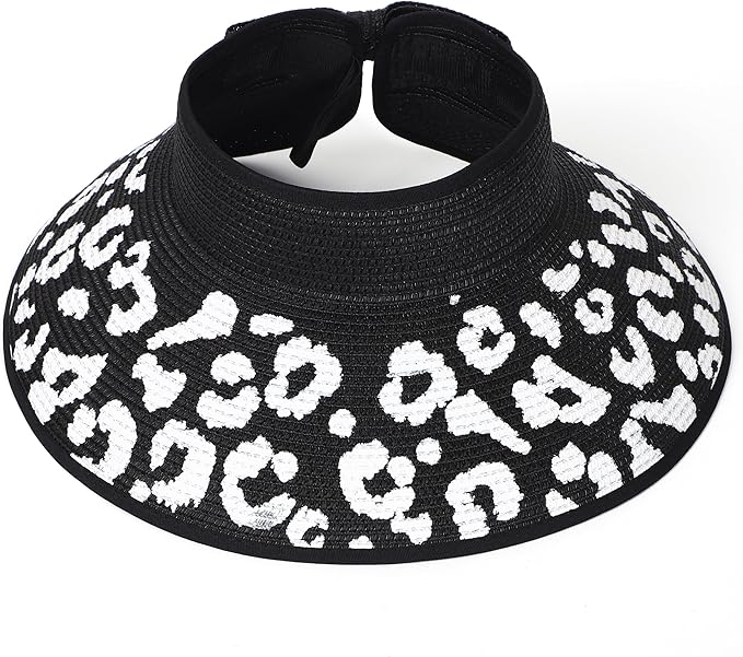 Womens Beach Straw Sun Hats Ponytail Hole Wide Brim Summer Visor Foldable Hat Sun Protection Packable for Travel Pool