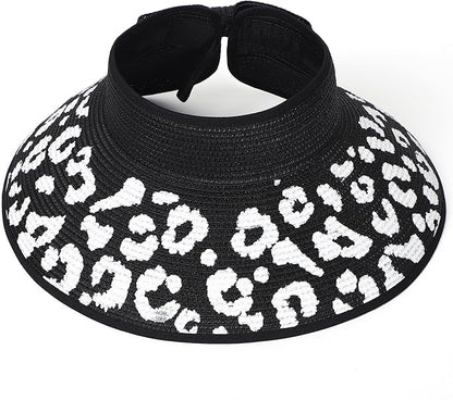 Womens Beach Straw Sun Hats Ponytail Hole Wide Brim Summer Visor Foldable Hat Sun Protection Packable for Travel Pool
