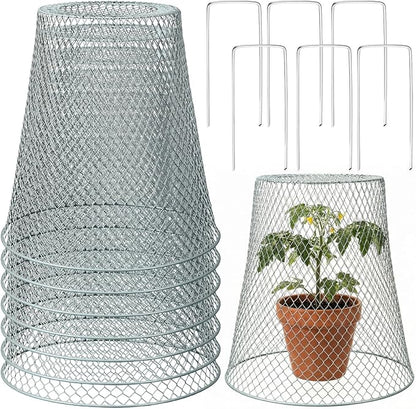 Therwen 6 Pcs Large Chicken Wire Cloche Plant Protector Cover 11x12 Inch Metal Garden Cloche Dome for Plants Wire Protection Basket with Garden Stakes Plant Cages from Animals (Silver)
