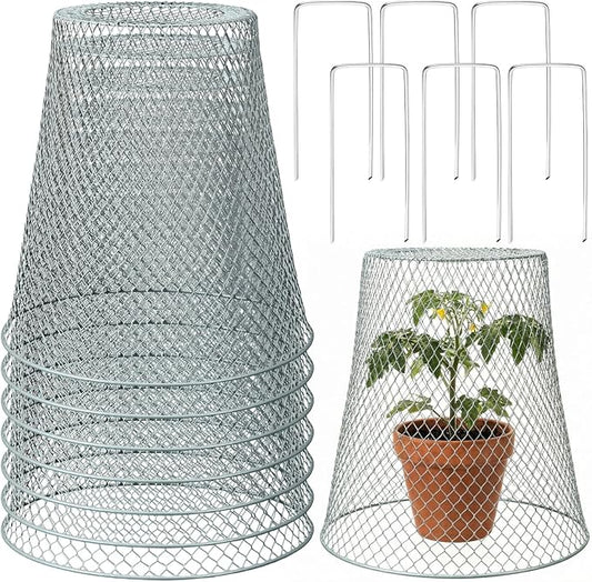 Therwen 6 Pcs Large Chicken Wire Cloche Plant Protector Cover 11x12 Inch Metal Garden Cloche Dome for Plants Wire Protection Basket with Garden Stakes Plant Cages from Animals (Silver)