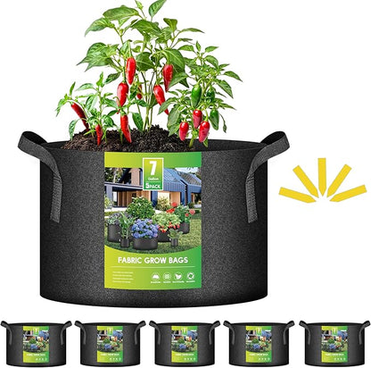 iPower 5-Pack 7 Gallon Grow Bags Heavy Duty Thickened Aeration Nonwoven Fabric Pots with Nylon Handles and 5 Labels for Planting Vegetables, Fruits, Flowers, Black