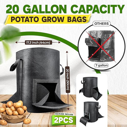 [Upgraded] 2PCS 20-Gallon Potato Grow Bags with Unique Harvest Window, Visible Window, Garden Planting Bag with Reinforced Handle, Nonwoven Fabric Pots for Tomato, Potato Growing Container - Black