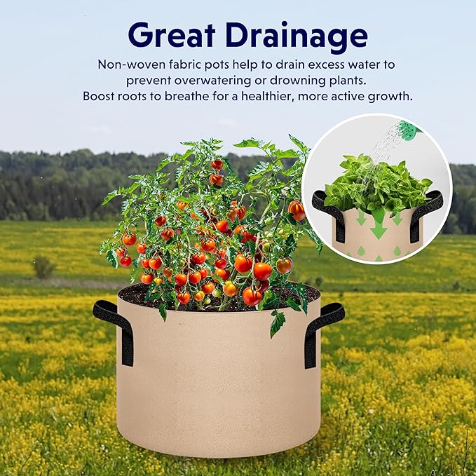 iPower 5 Pack 25 Gallon Tan Grow Bags, Garden Planting Nonwoven Fabric Pots with Reinforced Handle, Heavy Duty and Aeration Planter Pot for Tomato, Fruits, Vegetables and Flowers