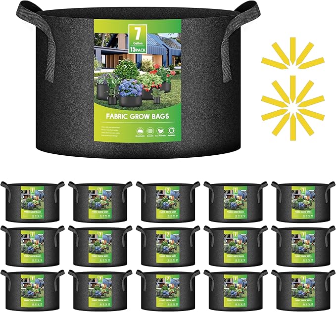 iPower 15-Pack 7 Gallon Thickened Grow Bags Nonwoven Fabric Pots Aeration Container with Strap Handles for Garden and Planting, Black