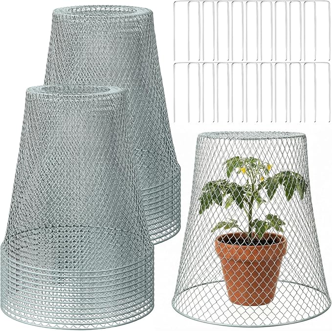 Therwen 20 Pcs Large Chicken Wire Cloche Plant Protector Cover 11x12 Inch Metal Garden Cloche Dome for Plants Wire Protection Basket with Garden Stakes Plant Cages from Animals (Silver)