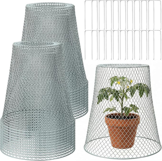 Therwen 20 Pcs Large Chicken Wire Cloche Plant Protector Cover 11x12 Inch Metal Garden Cloche Dome for Plants Wire Protection Basket with Garden Stakes Plant Cages from Animals (Silver)