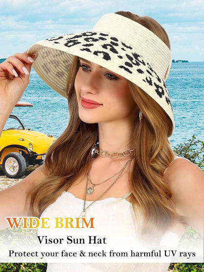Womens Beach Straw Sun Hats Ponytail Hole Wide Brim Summer Visor Foldable Hat Sun Protection Packable for Travel Pool