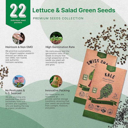 Organo Republic 22 Lettuce & Salad Greens Seeds Variety Pack 24,700+ Non-GMO Heirloom Lettuce Seeds for Indoor & Outdoor Garden, Hydroponic & Aeroponic - 2026 Season - Arugula, Spinach, Swiss Chard