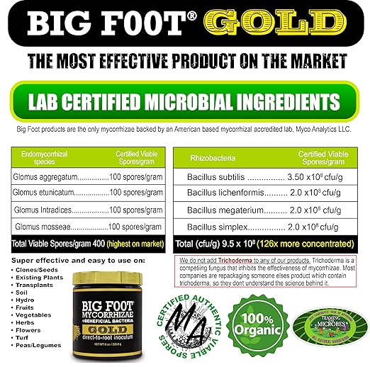 Big Foot Gold Mycorrhizal Fungi 1 oz, Beneficial Bacteria for Plant Growth, Root Stimulator, Super Concentrated 3-in-1 Formula for All Plants