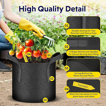 iPower 7 Gallon 5 Pack Grow Bags Nonwoven Fabric Pots Aeration Container with Strap Handles for Garden and Planting, 5-Pack Black, 7 Gallon