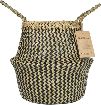 Blueming Wicker Plant Basket – Small 8-9 Inch Medium Seagrass Pot for Faux Olive Tree, Snake Plant or Houseplants, Black Decorative Planter for Home Decor