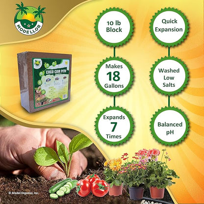 MODELLOR (10 lb) Premium Super Washed Coco Coir Brick, High Yield 18 to 20 gallons, Seed Starter, Organic, pH Balanced, Gardening, Indoor, Outdoor use
