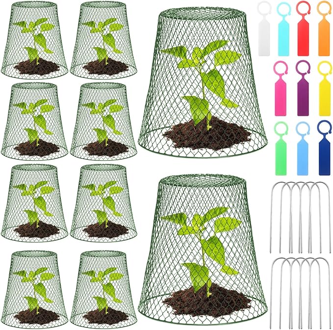 Geosar 10 Pcs 9 inch Chicken Wire Cloche Plant Protector Cover Metal Garden Cloche Dome for Plants Chicken Wire Protection Basket with Garden Stakes for Avoiding Rabbit Bird Small Animals Eat (Green)