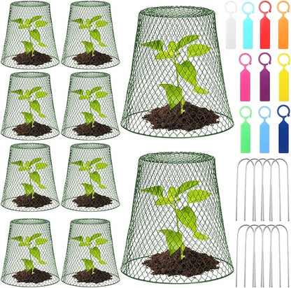 Geosar 10 Pcs 9 inch Chicken Wire Cloche Plant Protector Cover Metal Garden Cloche Dome for Plants Chicken Wire Protection Basket with Garden Stakes for Avoiding Rabbit Bird Small Animals Eat (Green)