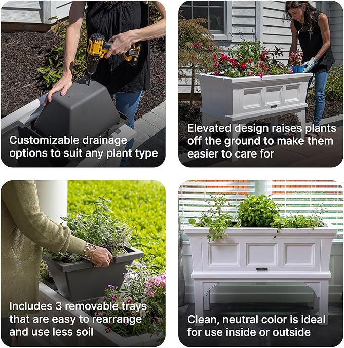 Step2 Atherton Raised Planter Box, Large Planters for Outdoor Plants, Gardening and Flower Pot for Patio or Porch, Easy Drainage, Durable Plastic, White