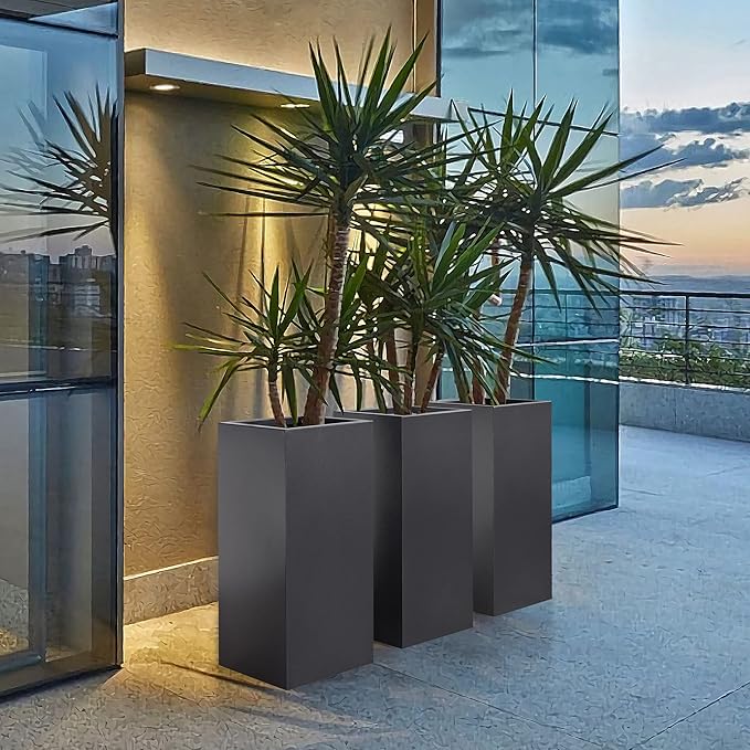 Wallowa Metallic Heavy Tall Outdoor/Indoor Planter Box, Seamless Metal Planter, Rectangular, 14”Lx14”Wx30”H, 25 Pounds, Dark Gray, No Assembly, 1 Pack