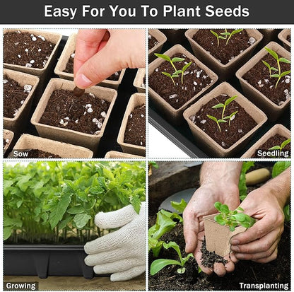 6 Pack Seed Starter Tray Kit with 120 Square Peat Pots for Seedlings, Including Plants Labels, Planting Tools, Growing Trays Plastic Germination Tray Paper Starter Pods for Plant Seeds, Black