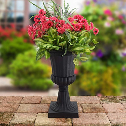 Arcadia Garden Products Plastic Garden Pedestal Urn, Set of 2 Classic Decorative Garden Pot Planter for Indoor and Outdoor Plants, 10” x 17”, Black