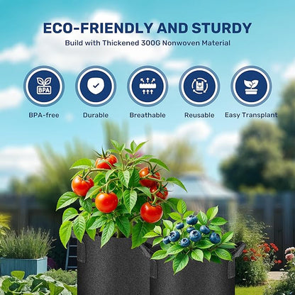 HealSmart 7 Gallon 6 Pack Nonwoven Grow Bags, Aeration Fabric Pots with Handles, Heavy Duty Garden Grow Pots for Tomato Vegetables Flowers, 6 Plant Labels, Black
