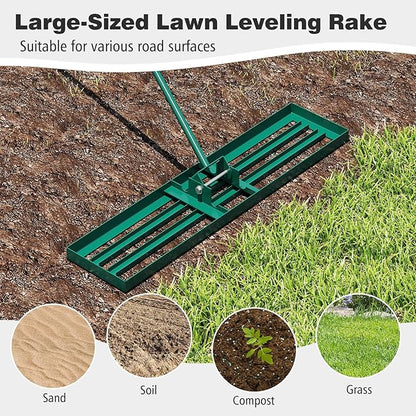 42" x 10" Lawn Leveling Rake, Heavy Duty Landscape Rake with 67" Handle, Non-Slip Grip & Flat Head, Space-Saving Lawn Level Tool for Garden, Backyard, Golf Course & Sports Field(Green)