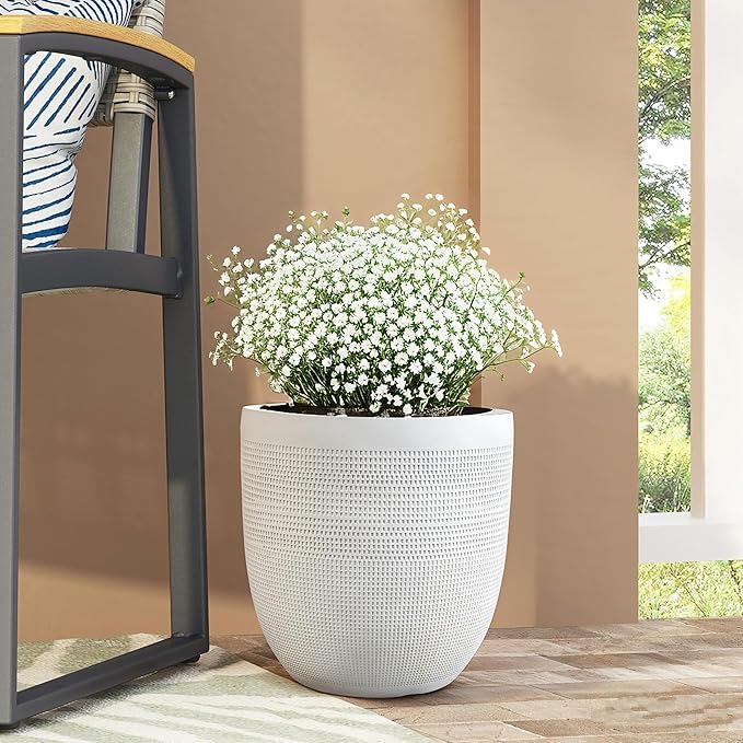 12" Dia Round Planter – White Matte Decorative Flower Pot with Drainage Hole, Lightweight Durable Indoor/Outdoor Plant Container for Home Patio Garden Porch, Modern Minimalist Design