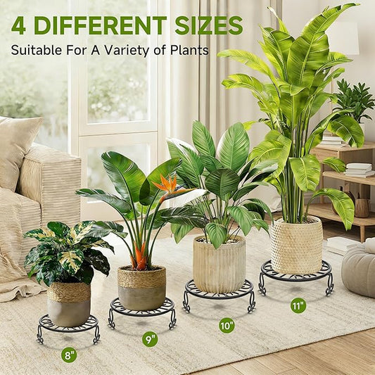8" 9" 10" 11" 4-Pack Wrought Iron Plant Stands for Outdoor & Indoor Use, Heavy Duty Rustproof Metal Pot Stand Holder, Single Short Round Black Base for Patio Garden Porch Plants Flower Pots Planter Riser