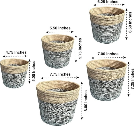 Planter Basket Set – 5-Piece Handwoven Jute Planter Basket for Home Decor, Nursery, or Indoor Plants (5'' to 8'' Diameter, 4.75'' to 7.75'' Height) – Fold & Wrinkle Free - Natural Jute with White Band