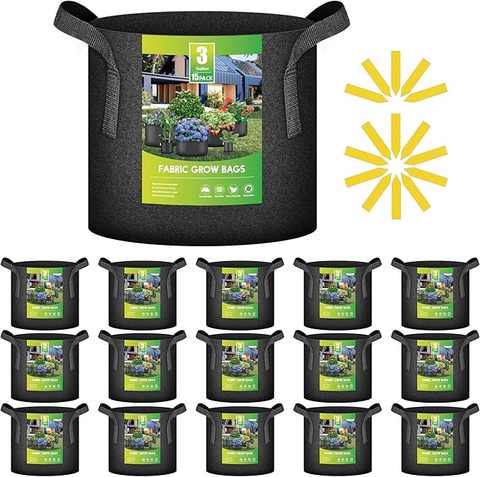 iPower 15-Pack 3 Gallon Thickened Grow Bags Nonwoven Fabric Pots Aeration Container with Strap Handles for Garden and Planting, Black