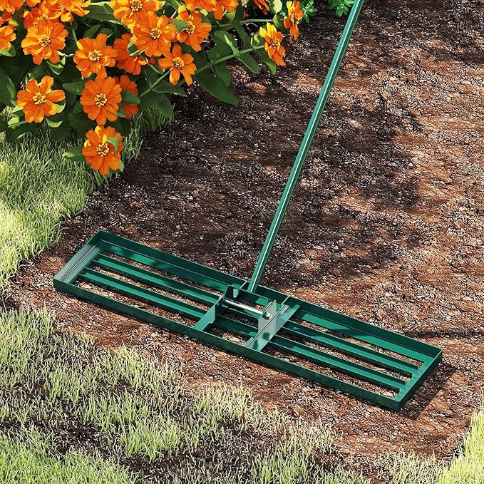 42" x 10" Lawn Leveling Rake, Heavy Duty Landscape Rake with 67" Handle, Non-Slip Grip & Flat Head, Space-Saving Lawn Level Tool for Garden, Backyard, Golf Course & Sports Field(Green)