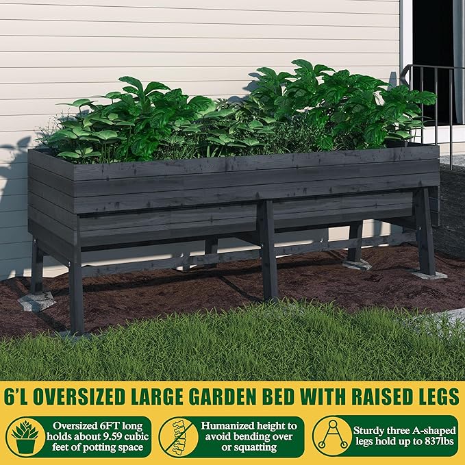MUPATER 6x3x2FT Cedar Raised Garden Bed for Outdoor,Raised Garden Bed with Wheels and Legs, 837lbs Large Elevated Garden Planter Box with Liner Design for Herbs, Grey